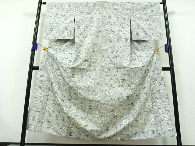 平和屋着物▽上質な紬 単衣 草花文 正絹 逸品 AABB5210jh