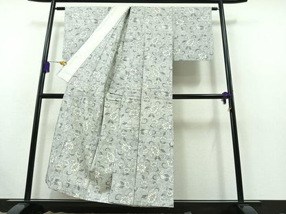平和屋着物▽上質な紬 単衣 草花文 正絹 逸品 AABB5210jh