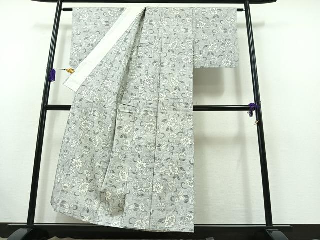 平和屋着物▽上質な紬 単衣 草花文 正絹 逸品 AABB5210jh