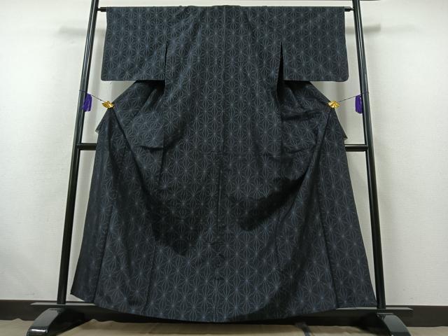 平和屋着物▽上質な紬 単衣 麻の葉文様 正絹 逸品 AABB5216jh