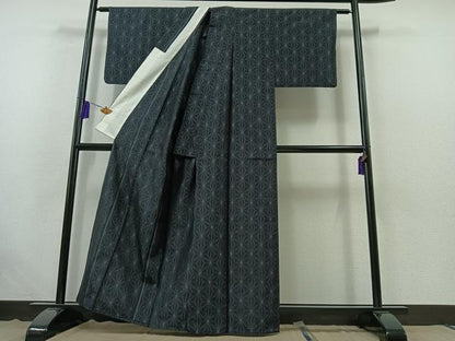 平和屋着物▽上質な紬 単衣 麻の葉文様 正絹 逸品 AABB5216jh