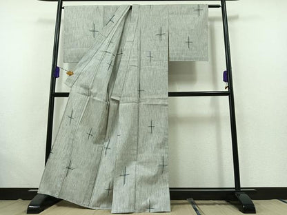 平和屋着物▽上質な紬 単衣 赤城生織 越乃絣 反端付き 正絹 逸品 AABB5218jh