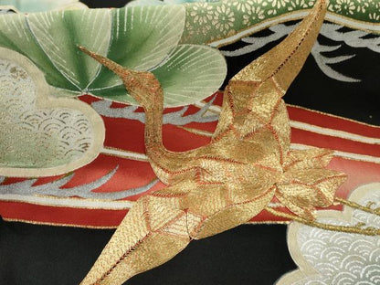平和屋着物■豪華黒留袖　飛鶴松文　金彩　正絹　逸品　AABB5271cs