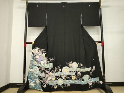 平和屋着物●豪華黒留袖　友禅　作家物　更紗花鳥文　正絹　逸品　AABB5415ck