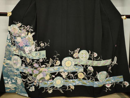 平和屋着物●豪華黒留袖　友禅　作家物　更紗花鳥文　正絹　逸品　AABB5415ck
