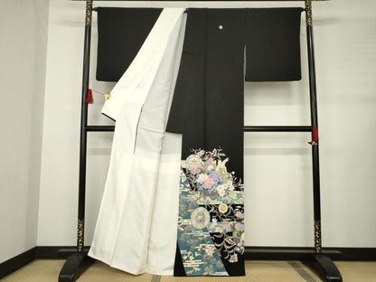 平和屋着物●豪華黒留袖　友禅　作家物　更紗花鳥文　正絹　逸品　AABB5415ck