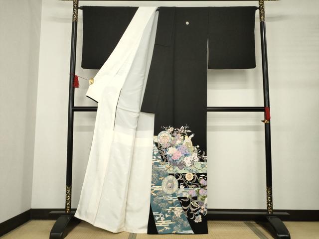 平和屋着物●豪華黒留袖　友禅　作家物　更紗花鳥文　正絹　逸品　AABB5415ck