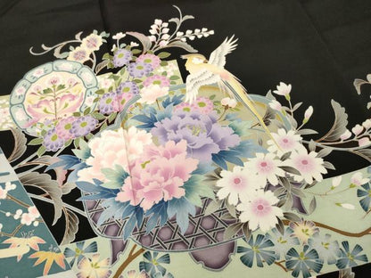 平和屋着物●豪華黒留袖　友禅　作家物　更紗花鳥文　正絹　逸品　AABB5415ck