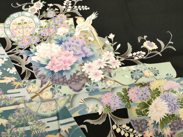 平和屋着物●豪華黒留袖　友禅　作家物　更紗花鳥文　正絹　逸品　AABB5415ck