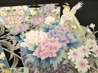 平和屋着物●豪華黒留袖　友禅　作家物　更紗花鳥文　正絹　逸品　AABB5415ck
