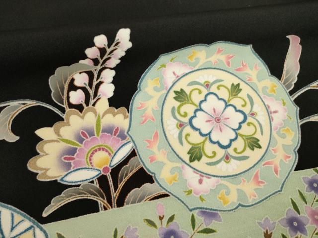 平和屋着物●豪華黒留袖　友禅　作家物　更紗花鳥文　正絹　逸品　AABB5415ck
