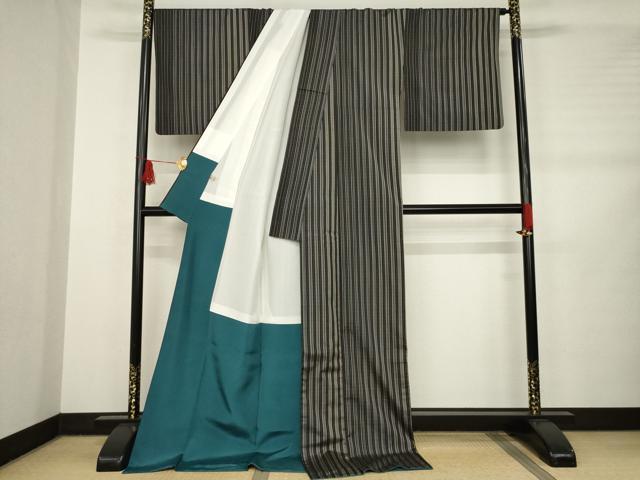 平和屋着物●本場大島紬 縞 黒地 ロング丈 正絹 逸品 AABB5448ck