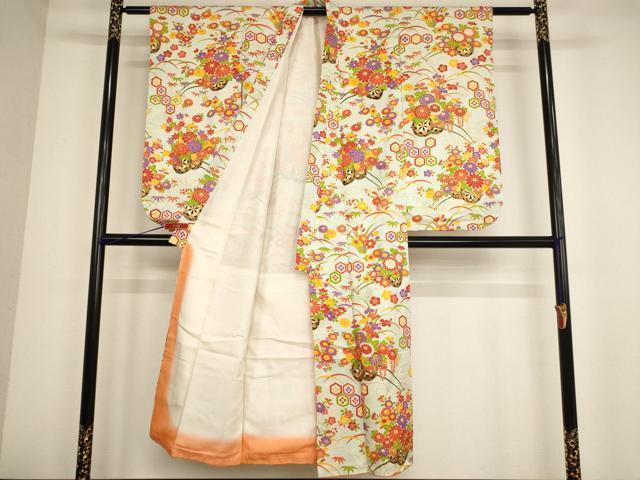 平和屋着物∵女の子 十三参り 子供 祝着・長襦袢(無双仕立て)セット 駒刺繍 花車文 金彩 正絹 逸品 AABB5543ja