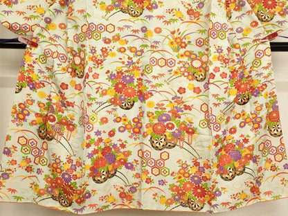 平和屋着物∵女の子 十三参り 子供 祝着・長襦袢(無双仕立て)セット 駒刺繍 花車文 金彩 正絹 逸品 AABB5543ja