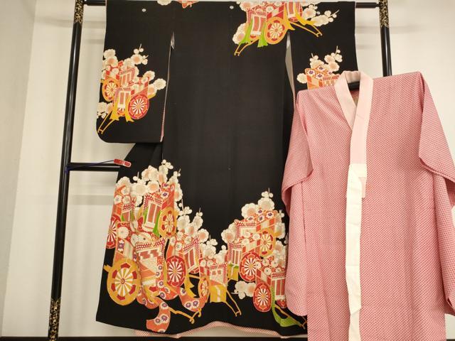 平和屋着物∵女の子 十三参り 子供 祝着・長襦袢(無双仕立て)セット 駒刺繍 御所車梅文 黒地 金彩 逸品 AABB5617ja