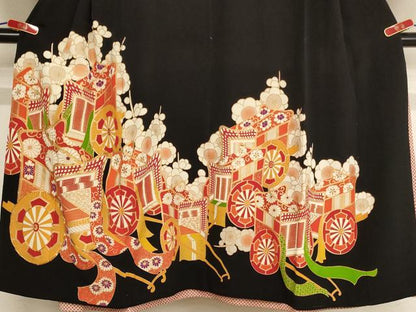平和屋着物∵女の子 十三参り 子供 祝着・長襦袢(無双仕立て)セット 駒刺繍 御所車梅文 黒地 金彩 逸品 AABB5617ja