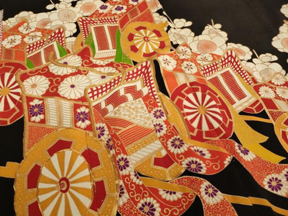 平和屋着物∵女の子 十三参り 子供 祝着・長襦袢(無双仕立て)セット 駒刺繍 御所車梅文 黒地 金彩 逸品 AABB5617ja