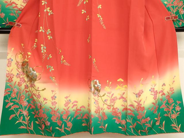 平和屋着物∵女の子 十三参り 子供 祝着・長襦袢(無双仕立て・半衿刺繍)セット 手毬花文 暈し染め 金銀彩 正絹 逸品 AABB5632ja