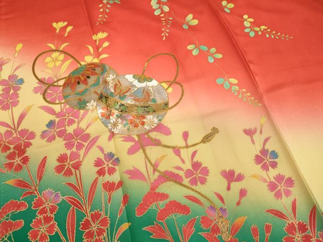 平和屋着物∵女の子 十三参り 子供 祝着・長襦袢(無双仕立て・半衿刺繍)セット 手毬花文 暈し染め 金銀彩 正絹 逸品 AABB5632ja