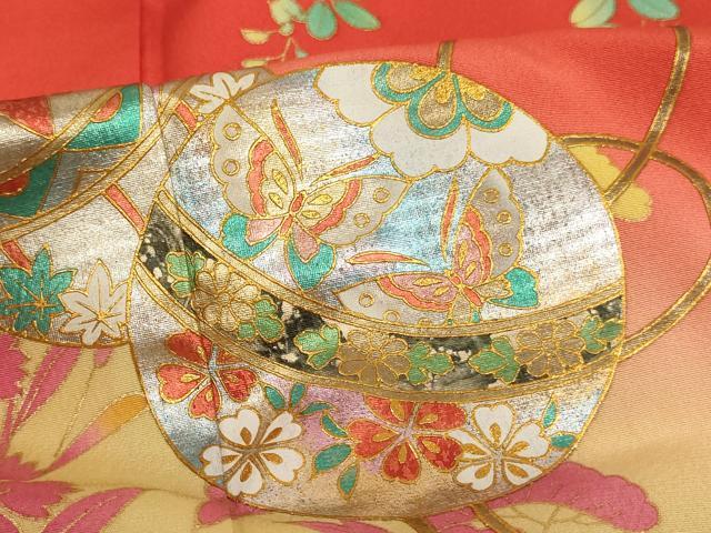 平和屋着物∵女の子 十三参り 子供 祝着・長襦袢(無双仕立て・半衿刺繍)セット 手毬花文 暈し染め 金銀彩 正絹 逸品 AABB5632ja
