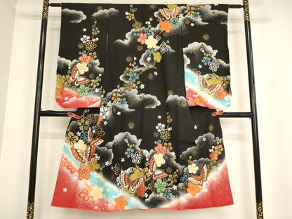 平和屋着物∵女の子 十三参り 子供 祝着 舞蝶枝梅文 暈し染め 黒地 金彩 逸品 AABB5658ja