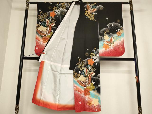 平和屋着物∵女の子 十三参り 子供 祝着 舞蝶枝梅文 暈し染め 黒地 金彩 逸品 AABB5658ja