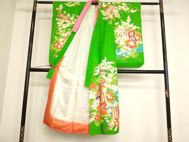 平和屋着物∵女の子 十三参り 子供 祝着・長襦袢(無双仕立て)セット 駒刺繍 御所車花文 金彩 逸品 AABB5675ja
