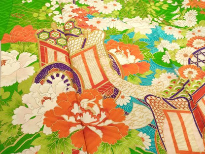 平和屋着物∵女の子 十三参り 子供 祝着・長襦袢(無双仕立て)セット 駒刺繍 御所車花文 金彩 逸品 AABB5675ja