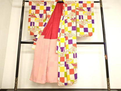 平和屋着物∵女の子 十三参り 子供 祝着 市松折り鶴文 逸品 AABB5696ja