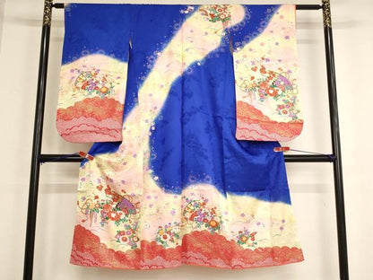 平和屋着物[]七五三　女の子　７歳　祝着　四つ身　檜扇花文　暈し染め　金彩　逸品　AABB5776ja