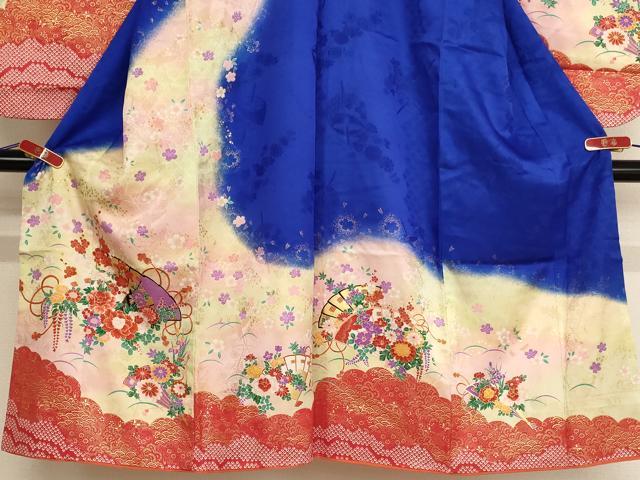 平和屋着物[]七五三　女の子　７歳　祝着　四つ身　檜扇花文　暈し染め　金彩　逸品　AABB5776ja