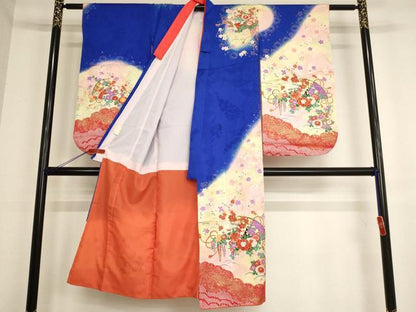 平和屋着物[]七五三　女の子　７歳　祝着　四つ身　檜扇花文　暈し染め　金彩　逸品　AABB5776ja