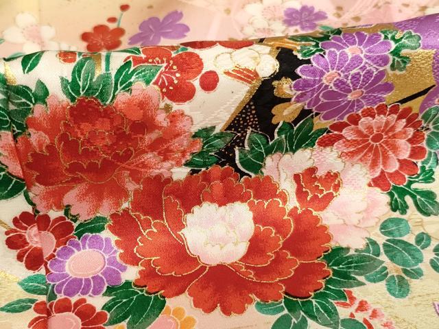 平和屋着物[]七五三　女の子　７歳　祝着　四つ身　檜扇花文　暈し染め　金彩　逸品　AABB5776ja