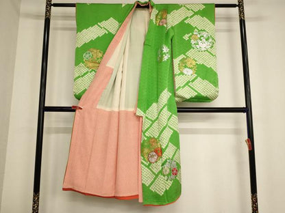 平和屋着物[]七五三　女の子　７歳　祝着　四つ身　長襦袢(無双仕立て)・袋帯セット　花丸文　金銀彩　逸品　AABB5777ja