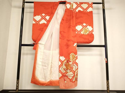 平和屋着物∵女の子 十三参り 子供 祝着・袋帯セット 駒刺繍 絞り 源氏車文 金彩 逸品 AABB5779ja