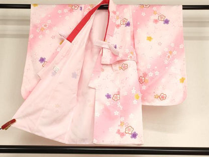 平和屋着物[]七五三　女の子　３歳　祝着　三つ身　長襦袢(単衣)・被布・小物セット　舞梅文　暈し染め　金彩　未使用　AABB5780ja