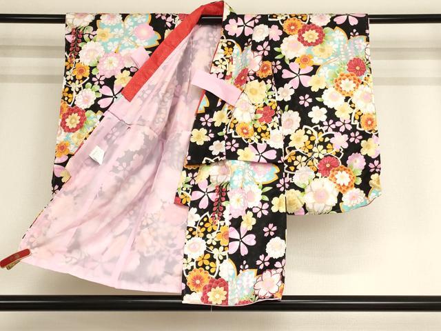 平和屋着物[]七五三　女の子　３歳　祝着　三つ身　長襦袢(単衣)・被布・小物セット　花尽くし文　黒地　金彩　未使用　AABB5785ja