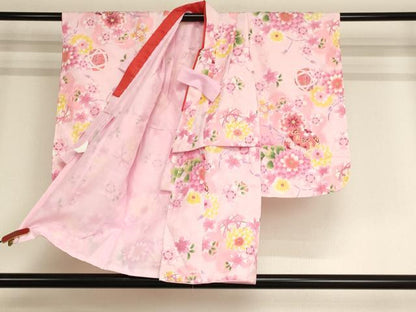 平和屋着物[]七五三　女の子　３歳　祝着　三つ身　長襦袢(単衣)・被布・小物セット　花手毬文　暈し染め　金彩　未使用　AABB5791ja