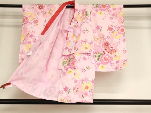 平和屋着物[]七五三　女の子　３歳　祝着　三つ身　長襦袢(単衣)・被布・小物セット　花手毬文　暈し染め　金彩　未使用　AABB5791ja