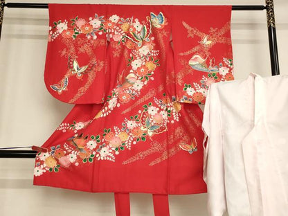 平和屋着物[]七五三　女の子　３歳　祝着　一つ身　長襦袢(袷)セット　鴛鴦花蝶文　金銀彩　逸品　AABB5816ja