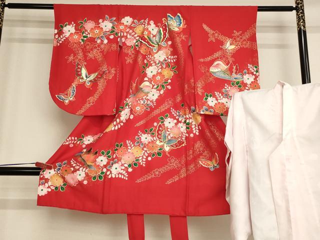 平和屋着物[]七五三　女の子　３歳　祝着　一つ身　長襦袢(袷)セット　鴛鴦花蝶文　金銀彩　逸品　AABB5816ja