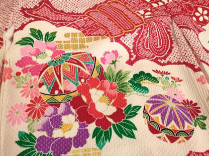 平和屋着物[]七五三　女の子　３歳　祝着　一つ身　駒刺繍　束ね熨斗花手毬文　金彩　正絹　逸品　AABB5817ja