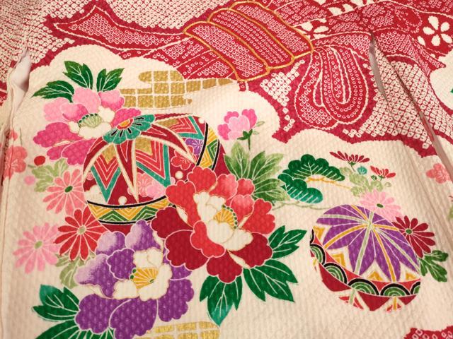 平和屋着物[]七五三　女の子　３歳　祝着　一つ身　駒刺繍　束ね熨斗花手毬文　金彩　正絹　逸品　AABB5817ja