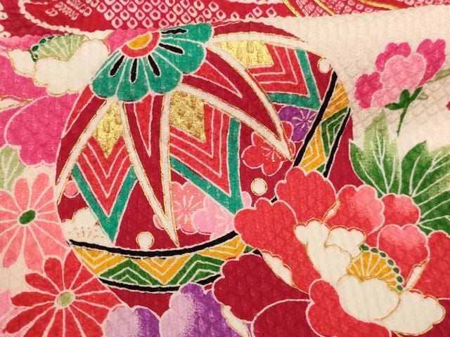 平和屋着物[]七五三　女の子　３歳　祝着　一つ身　駒刺繍　束ね熨斗花手毬文　金彩　正絹　逸品　AABB5817ja