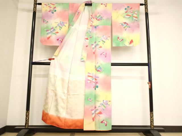 平和屋着物∵女の子 十三参り 子供 祝着 舞蝶文 暈し染め 正絹 逸品 AABB5818ja