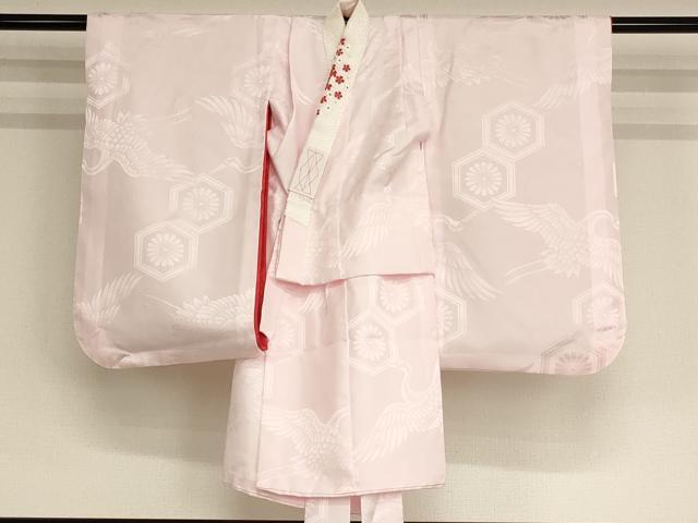 平和屋着物[]子供　女の子　長襦袢　袷　飛鶴花亀甲地紋　薄桜色　半衿刺繍　AABB5823ja