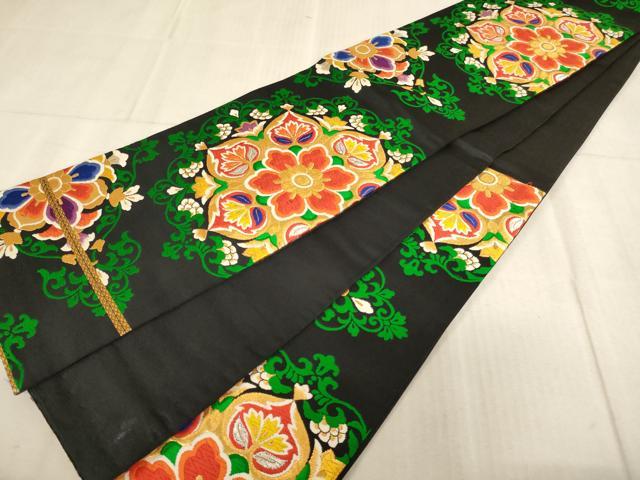 平和屋着物[]子供　全通柄袋帯　唐織　正倉院花文　黒地　金糸　逸品　AABB5827ja