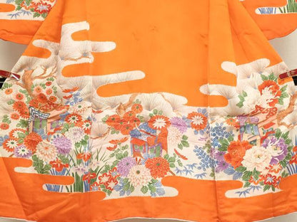 平和屋着物[]七五三　女の子　７歳　祝着　四つ身　駒刺繍　御所車花文　金彩　逸品　AABB5835ja