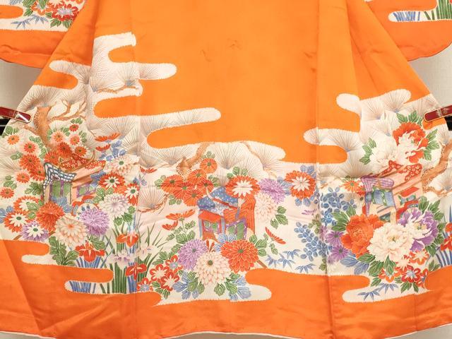 平和屋着物[]七五三　女の子　７歳　祝着　四つ身　駒刺繍　御所車花文　金彩　逸品　AABB5835ja