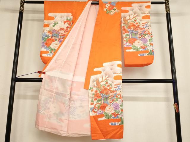 平和屋着物[]七五三　女の子　７歳　祝着　四つ身　駒刺繍　御所車花文　金彩　逸品　AABB5835ja